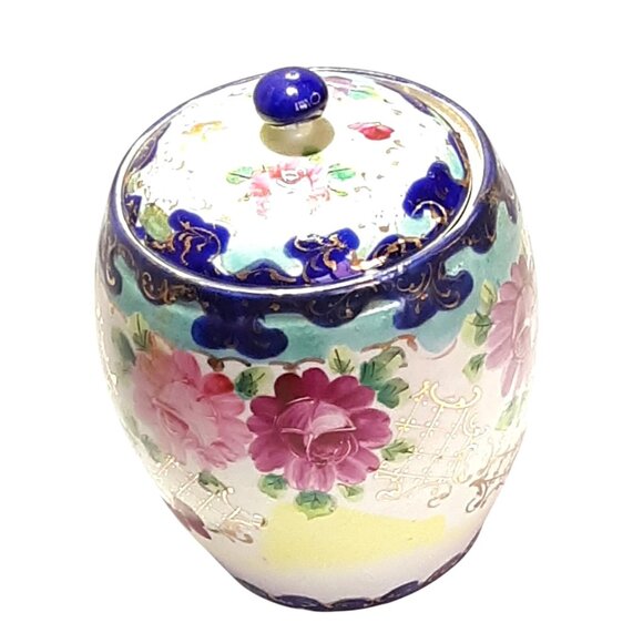 Vintage Hand-Painted Porcelain Floral Biscuit Jar with Lid Cobalt Blue Roses - Picture 4 of 8